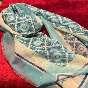 Blue teal aqua and Cream Patterned Scarf new by Twos Company